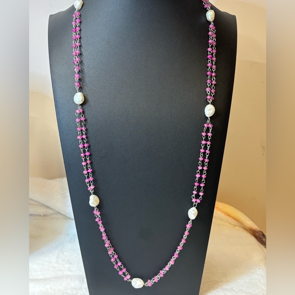Genuine Pearl & Pink Quartz Gemstone 36” Necklace 925 Sterling Silver Clasp